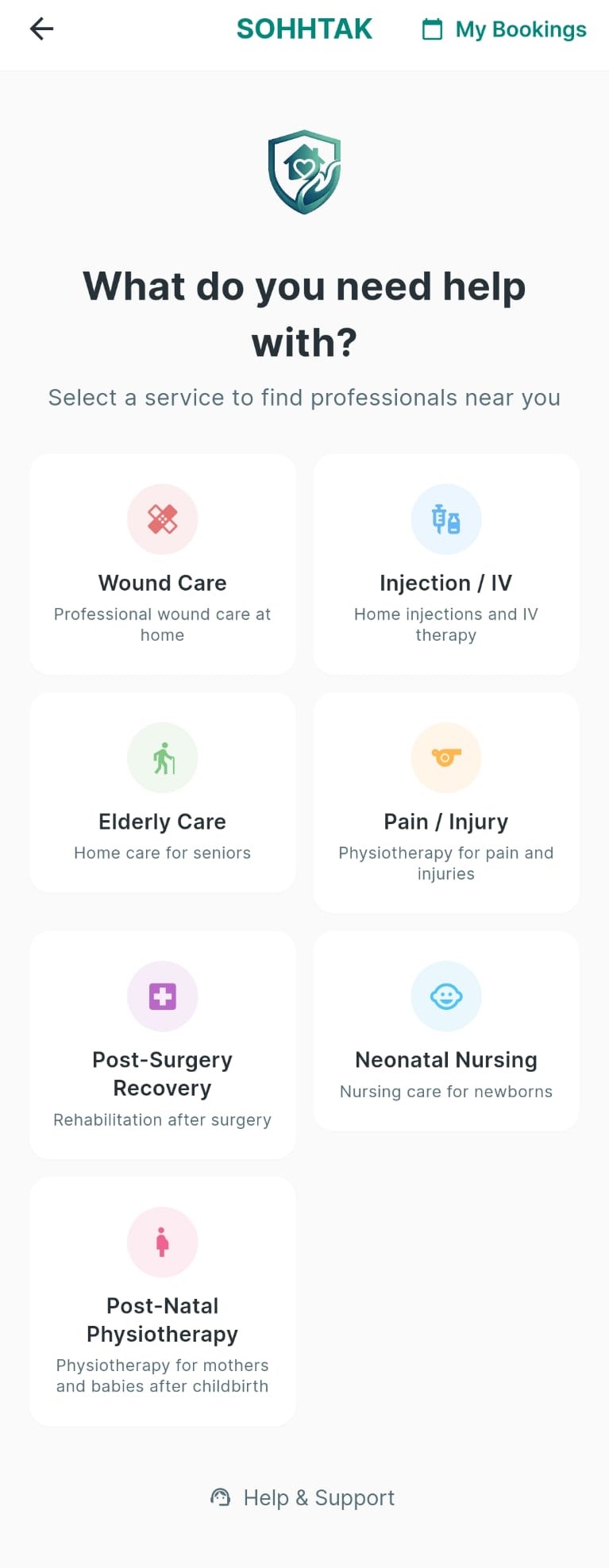 Sohhtak app service selection screen